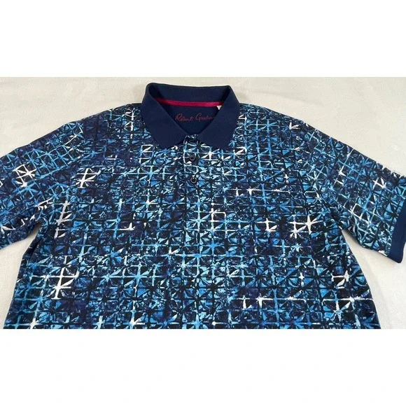 ROBERT GRAHAM Geometric Men's Sz Large Abstract Camouflage Print Blue Polo Shirt
